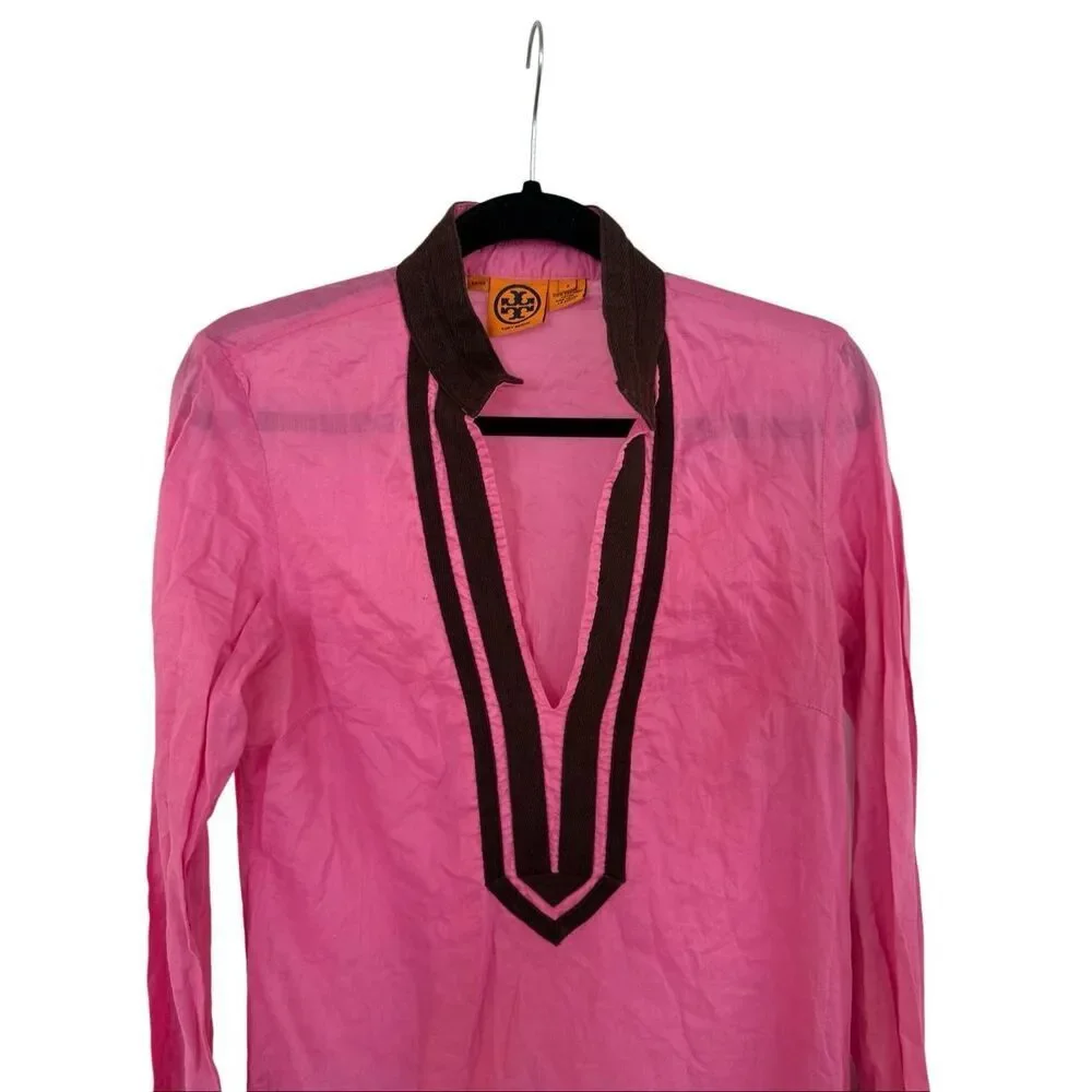 Tory Burch Womens Pink Long Sleeve Cotton Kaftan Tunic Cover-up Dress Size